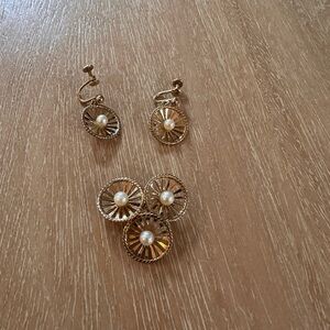 Vintage Faux Gold and Pearl Earrings and Brooch Set